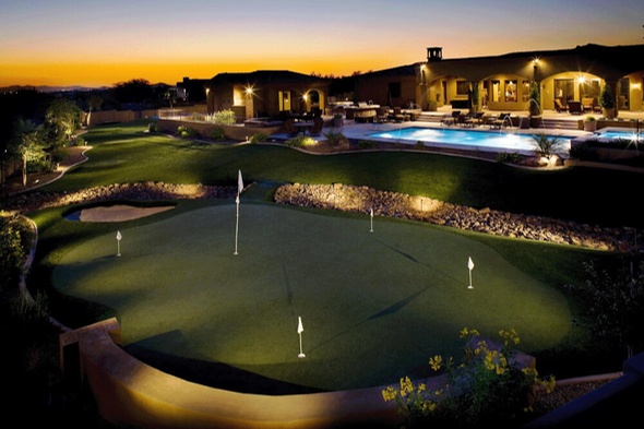 Southwest Greens of Nevada artificial golf green with sand trap at luxury home